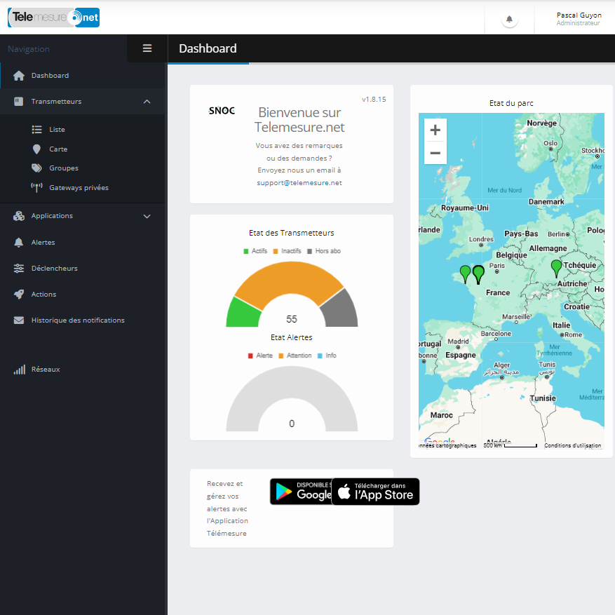 Capture d'écran d'une plateforme d'hypervision avec une interface web intuitive et complète de Telemesure.net. Elle montre des fonctionnalités modulaires pour des applications sur mesure, une gestion centralisée des transmetteurs, et des alertes personnalisables en temps réel, optimisant l'expérience utilisateur.